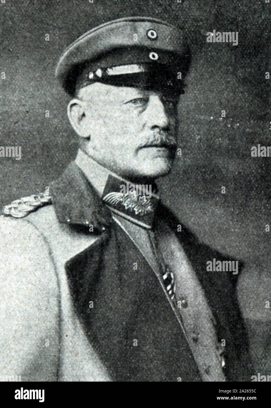 Oskar Emil von Hutier (1857 – 1934), German general during the First World War. He served in the German Army from 1875 to 1919, including war service. During the war, he commanded the army that took Riga in 1917 and was transferred to the Western Front in 1918 to participate in the Michael offensive that year. He is frequently but mistakenly credited with inventing the stormtrooper tactics his forces employed to great effect during the Michael offensive. After retiring from the Army in 1919, he presided over the German Officers' League until his death on 5 December 1934. Stock Photo