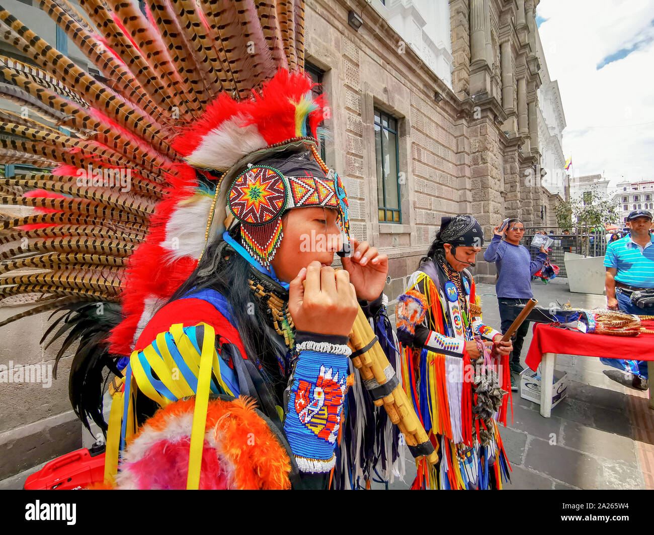 Quito, Ecuador, September 29, 2019: Music indigenous street performers