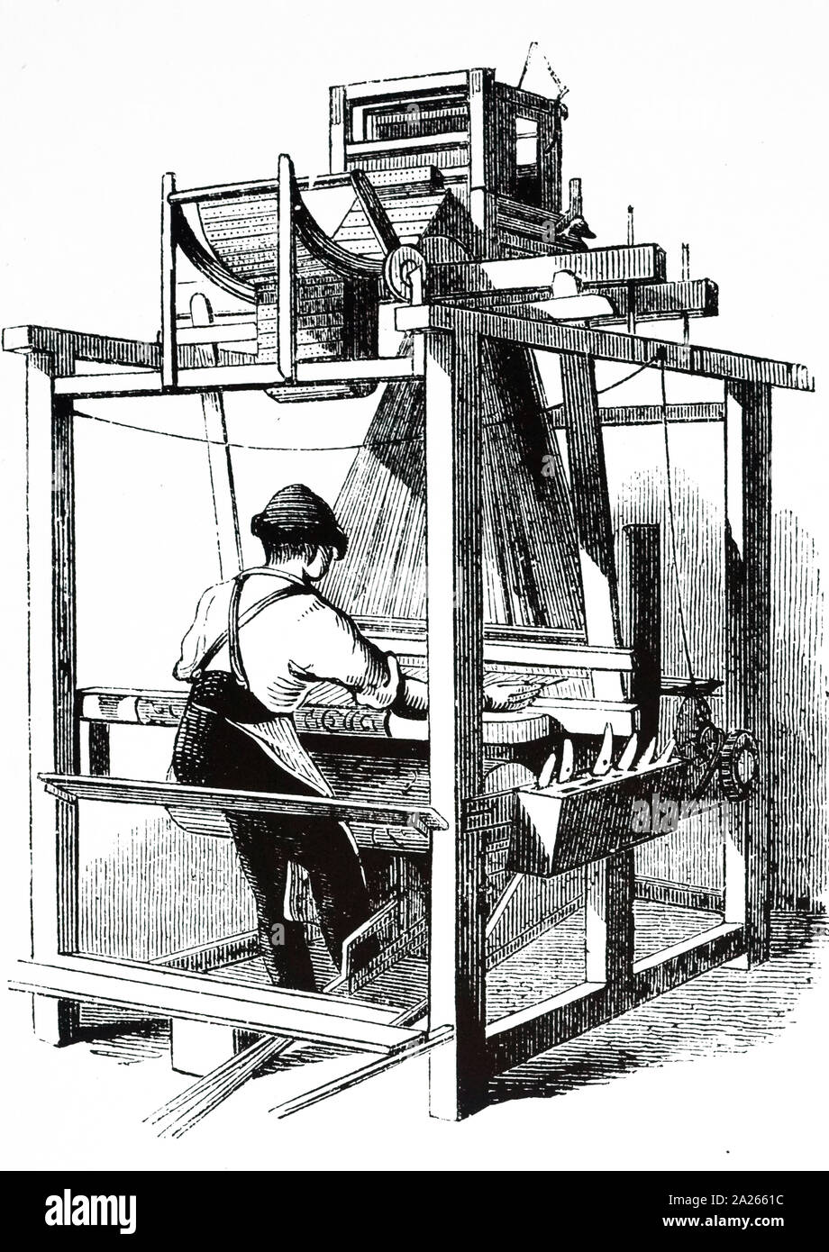 Unpowered Loom An engraving depicting a Scotch carpet loom - unpowered. The Jacquard ...