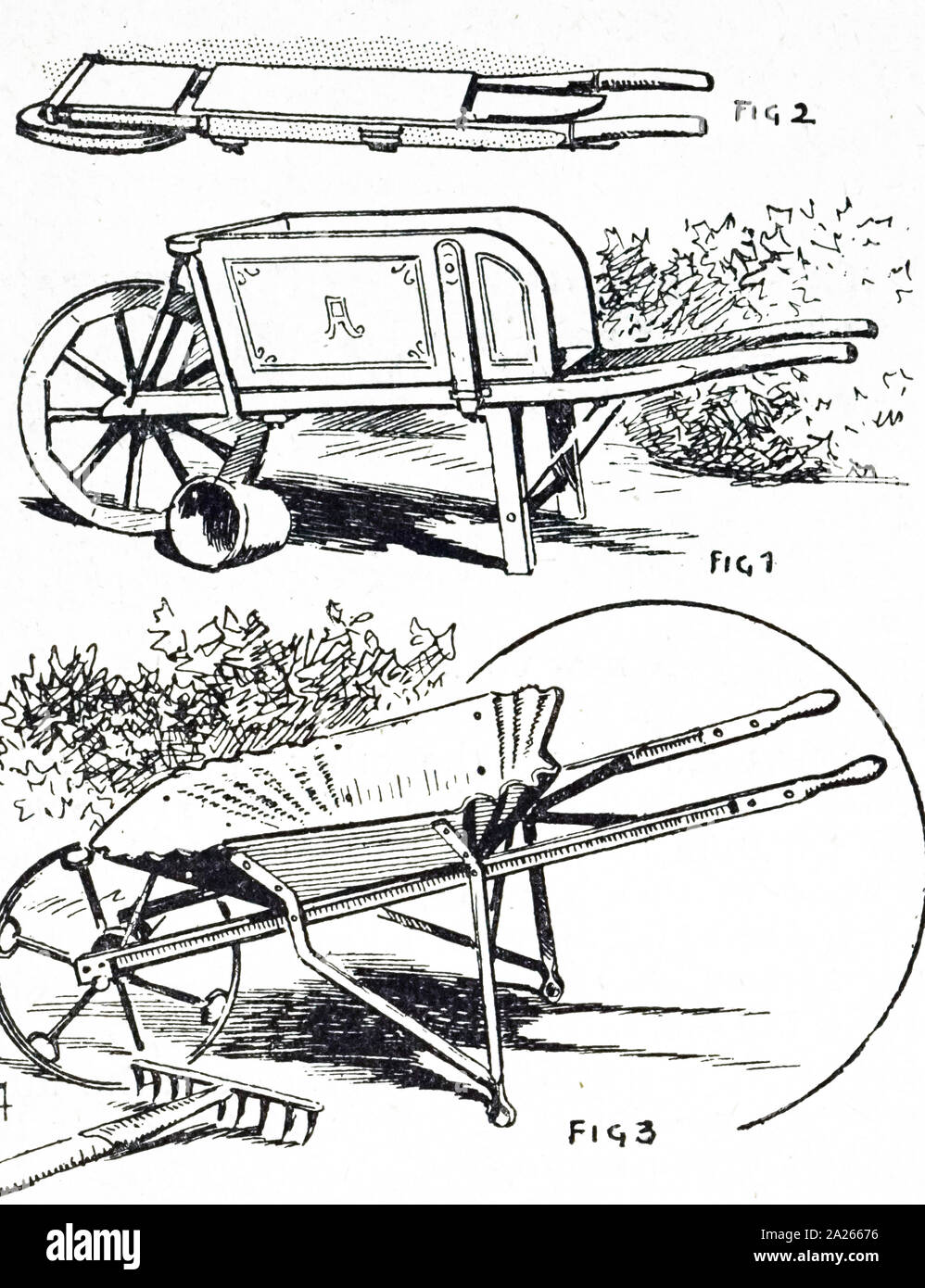 An engraving depicting various styles of wheelbarrows. Dated 19th century Stock Photo Alamy