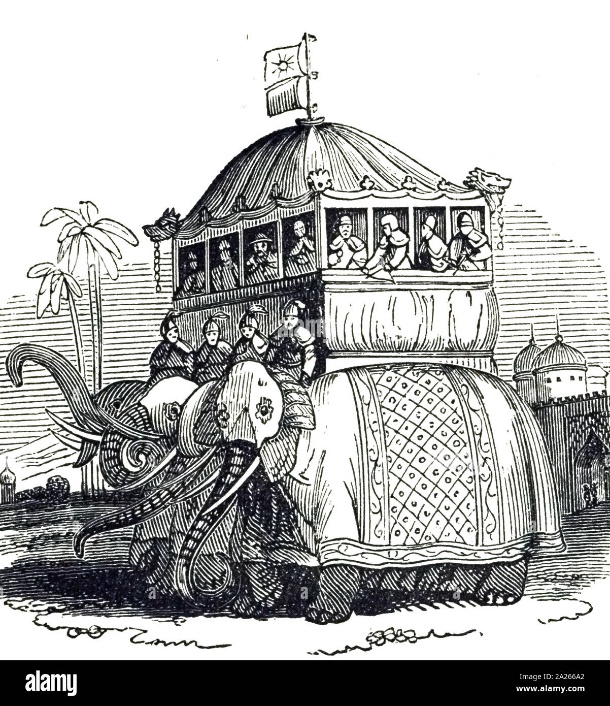 An engraving depicting a Tartar palanquin, carrying warriors on the backs of elephants. Dated 19th Century Stock Photo