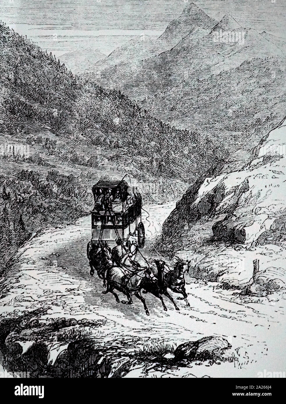 An engraving depicting a coach travelling over the Mont Cenis pass before the railway tunnel opened in September 1871. Dated 19th century Stock Photo