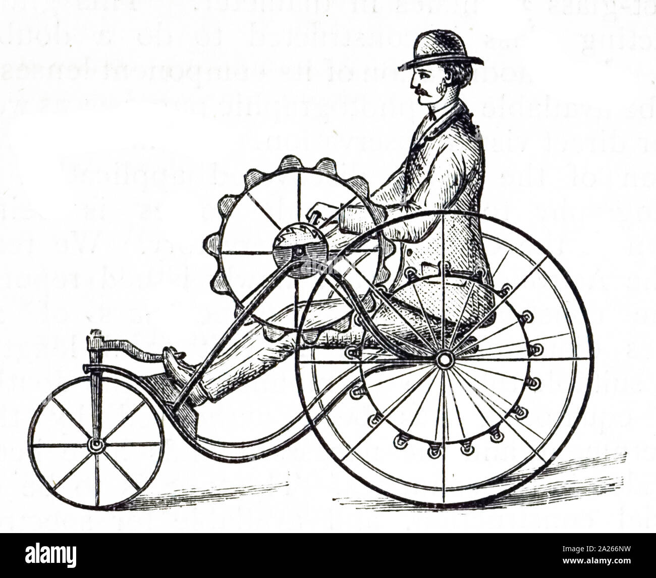 An engraving depicting a tricycle driven by a crank operating on the front wheel. The rider's feet rested in stirrups attached to cords leading to the rear wheels, and the machine steered in this manner. Dated 19th century Stock Photo