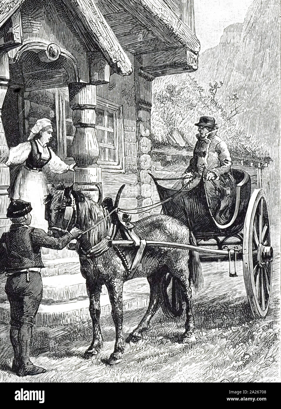 An engraving depicting a gig - a light two-wheeled carriage pulled by one horse. Dated 19th century Stock Photo