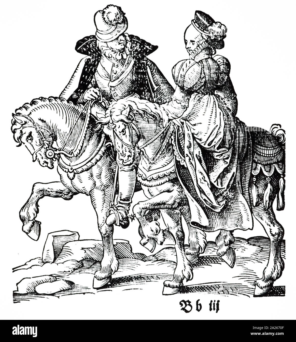 A woodcut engraving depicting a lady riding side-saddle attended by a male attendant. Woodcut by Jost Amman (1539-1591) a Swiss-German artist. Dated 16th century Stock Photo