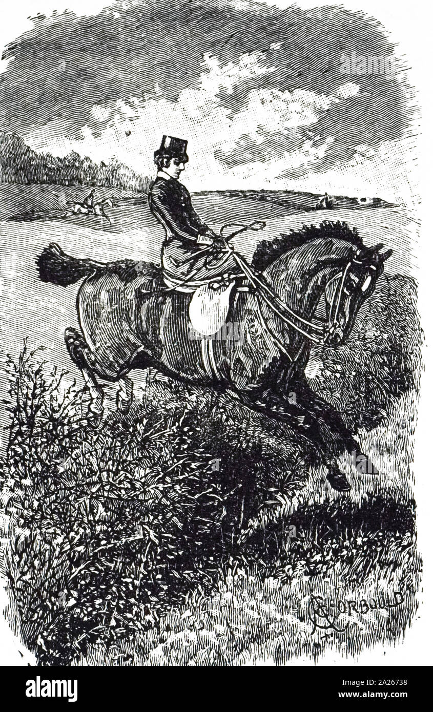 An engraving depicting a young woman riding side-saddle on her horse in the hunting field. Dated 19th century Stock Photo