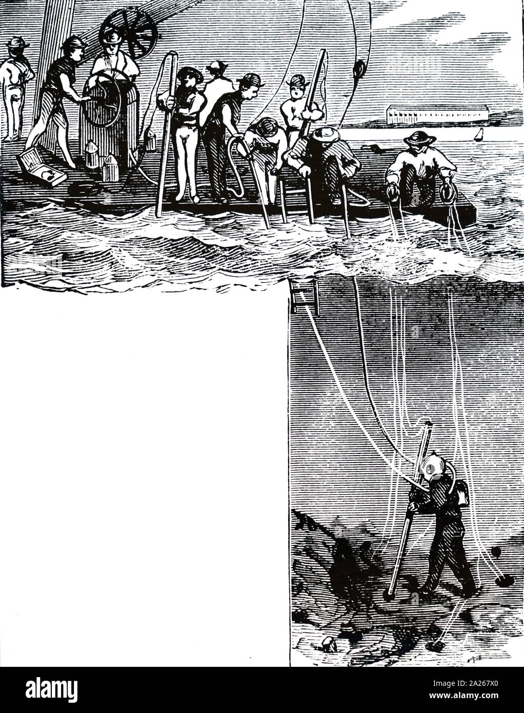 An engraving depicting a diver attached to a drilling scow putting the charges in drill holes. Cartridges of nitro-glycerine were 10 ft long and 4-5 inches in diameter. This method of demolition was used during the removal of the Hell Gate Rocks on the East River. Dated 19th century Stock Photo
