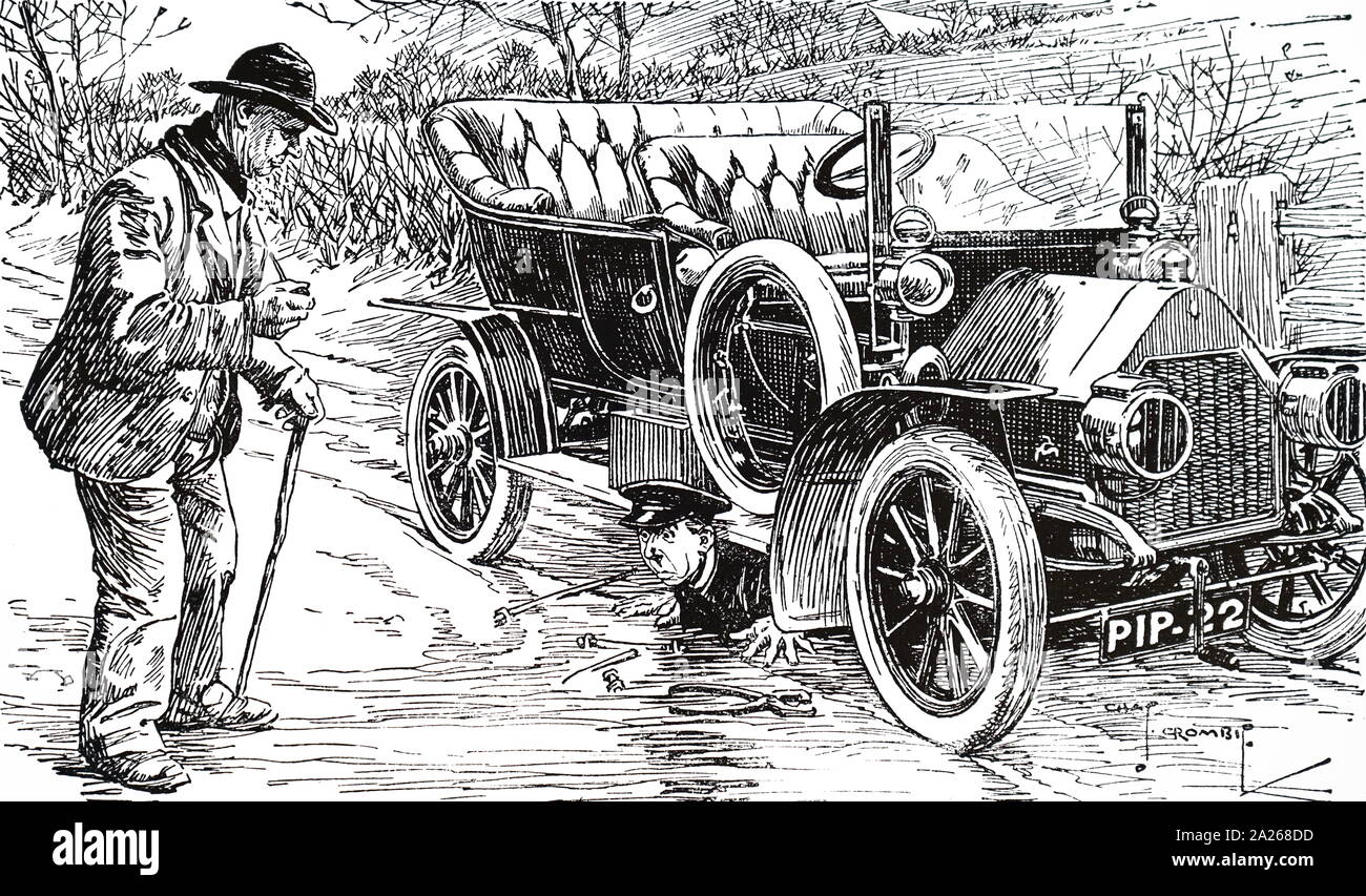 A cartoon depicting a wealthy older man having a police officer help him repair his car. Dated 20th century Stock Photo
