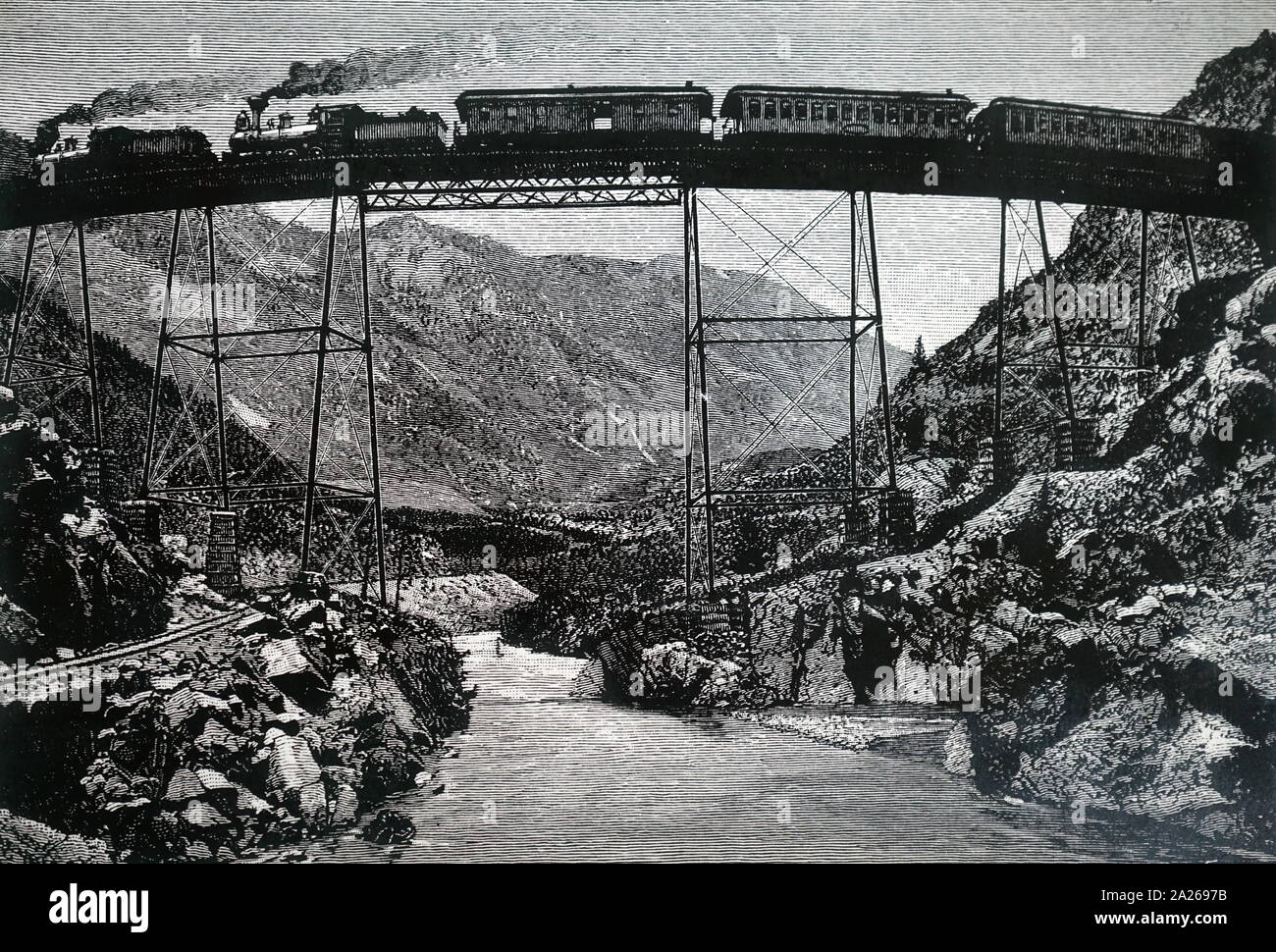 Illustration showing Curved viaduct, Georgetown, Columbia. Union Pacific Line, 1890 Stock Photo
