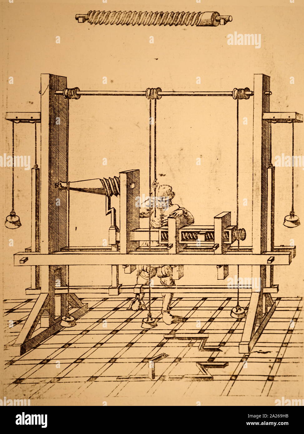 Illustration showing screw-cutting lathe. From Jacques Besson 'Theatre des Instrumens', Lyons, 1593 Stock Photo