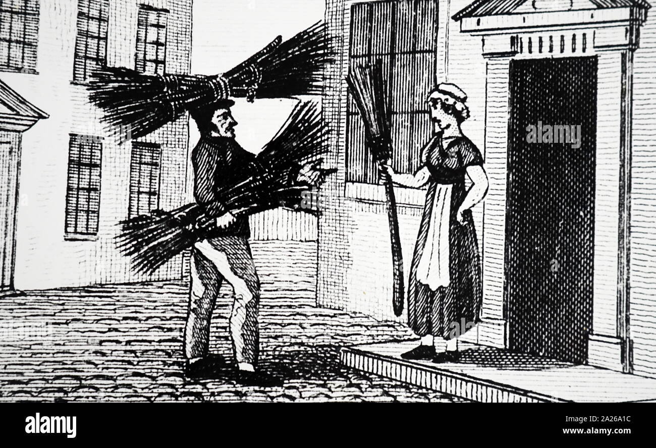 Illustration showing a Kent birch broom maker, selling his brooms from