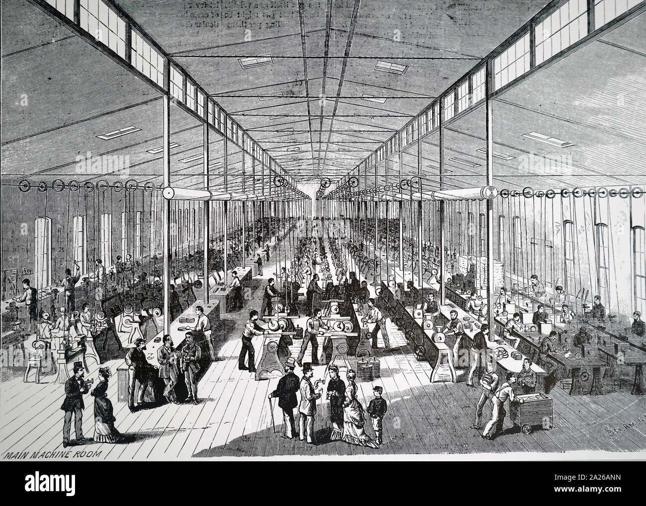 Illustration showing Main machine room at Wheeler & Wilson's sewing