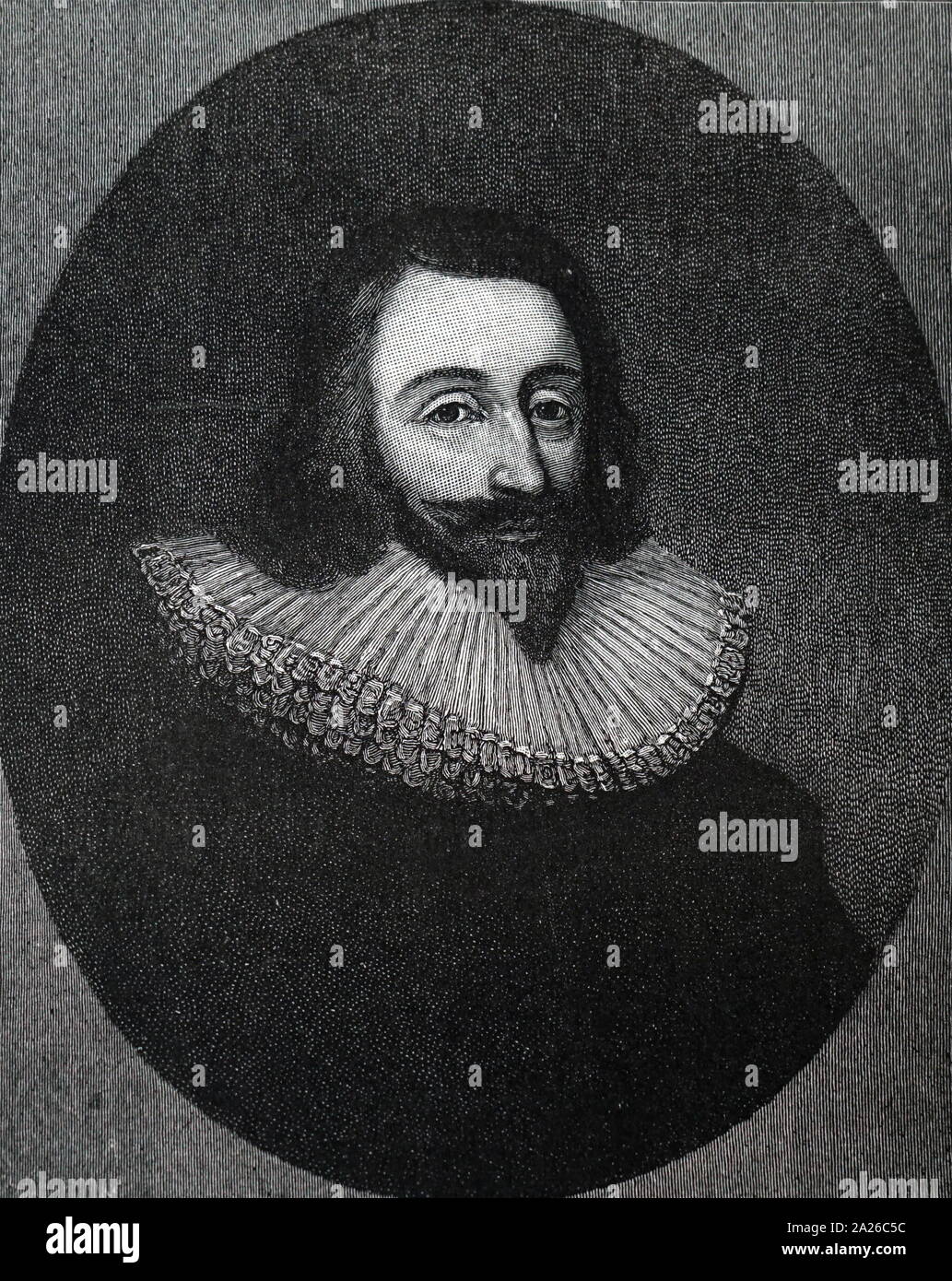 An engraving depicting Sir John Elliot (1592-1632) s an English statesman who was serially imprisoned in the Tower of London, where he eventually died, by King Charles I for advocating the rights and privileges of Parliament. Dated 19th century Stock Photo