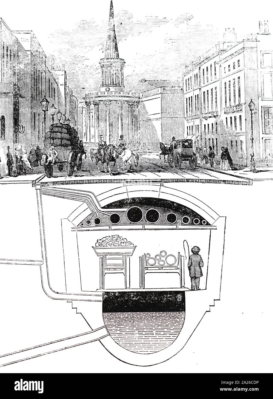 An engraving depicting a subway used for carrying sewers, gas and water supply. Sectional view of the subway planned beneath Holywell Street, Westminster. Stock Photo