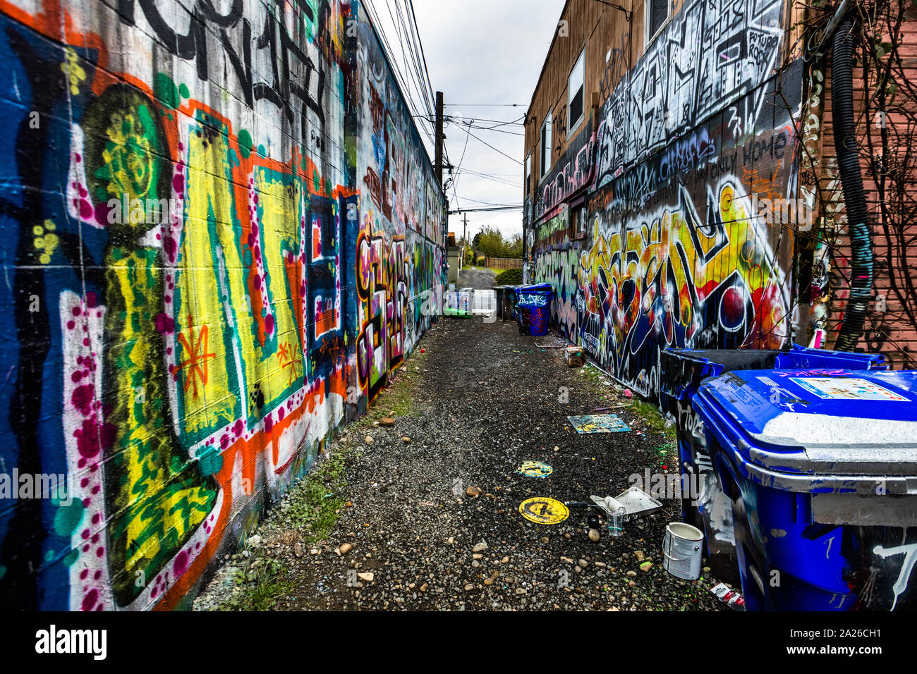 Graffiti filled alley in the Alberta Arts District, Portland, Oregon, USA Stock Photo