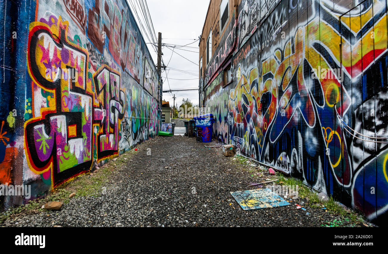 Graffiti filled alley in the Alberta Arts District, Portland, Oregon