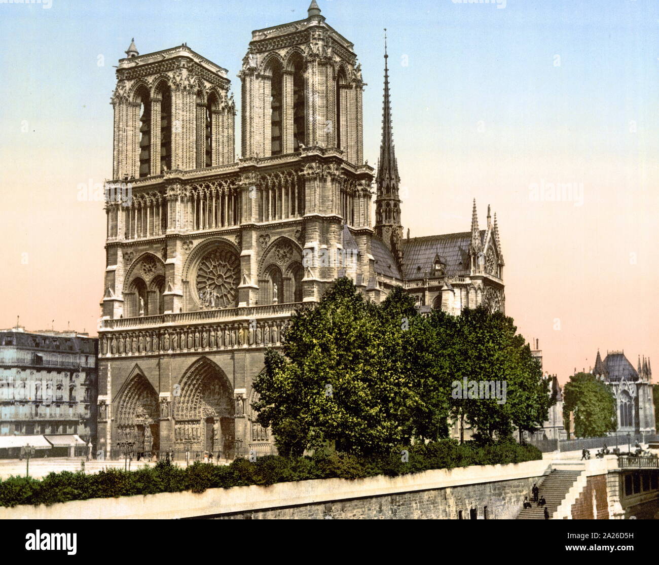 Colourised photograph of Notre Dame Cathedral in Paris France 1900 Stock Photo