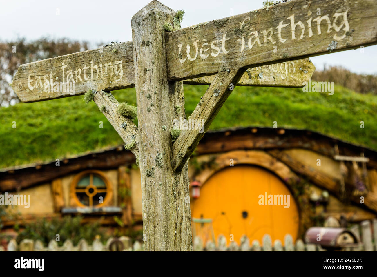 Sign post in Hobbiton Movie Set in New Zealand Stock Photo