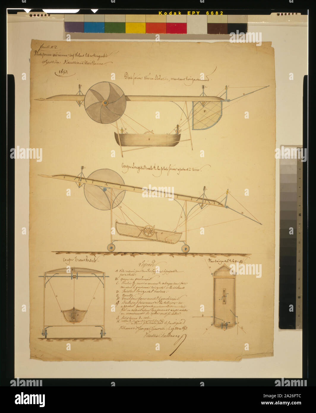 Plateforme aérienne, cerf-volant libre dirigeable, système Vaussin-Chardanne; Design drawing shows a system for powering an airship with manually operated propellers. Includes longitudinal views of dirigible platform assembly and identification key.; Stock Photo