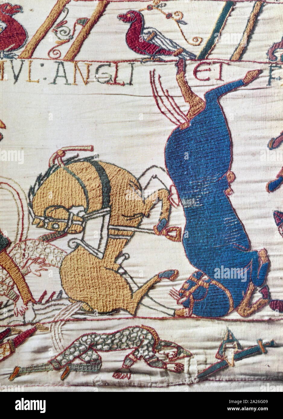 Episode from the Bayeux Tapestry, an embroidered cloth nearly 70 metres (230 ft) long, which depicts the events leading up to the Norman conquest of England, culminating in the Battle of Hastings, in 1066. It is thought to date to the 11th century, within a few years after the battle. It tells the story from the point of view of the conquering Normans. Stock Photo