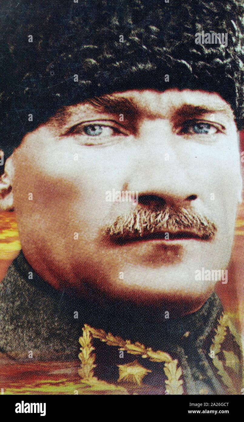 portrait of Mustafa Kemal Ataturk (1881 - 1938), founder of the Republic of Turkey. President from 1923 until his death in 1938. Ideologically a secularist and nationalist, his policies and theories became known as Kemalism. Stock Photo
