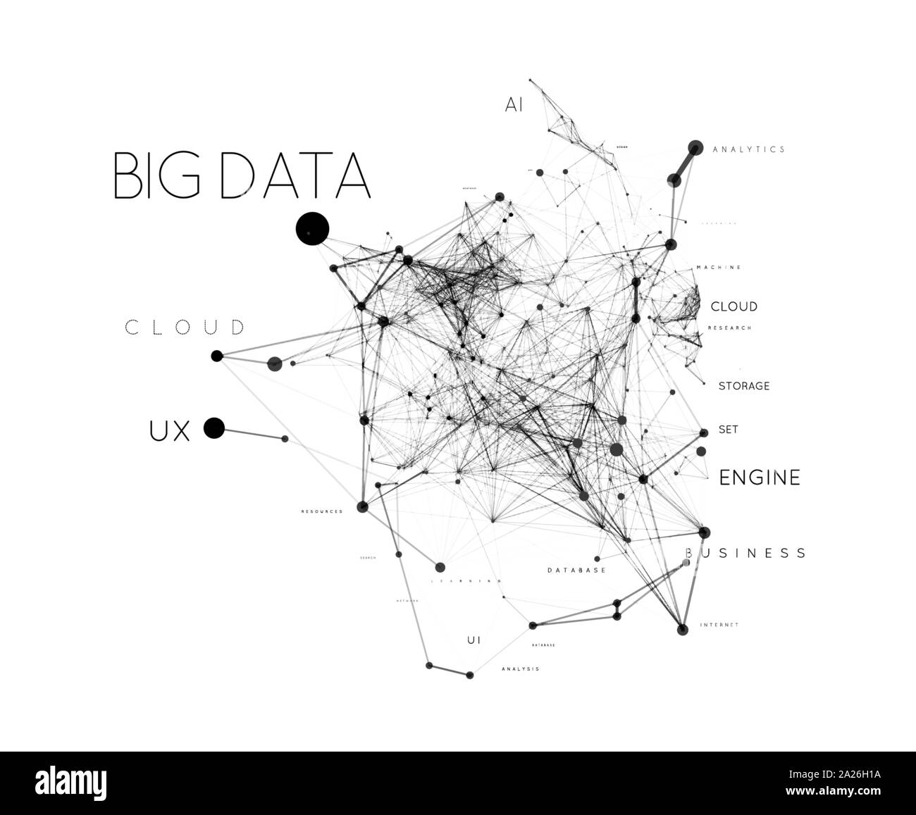 Big data concept in word tag cloud with plexud dot and line connection. Vector geometric background Stock Vector