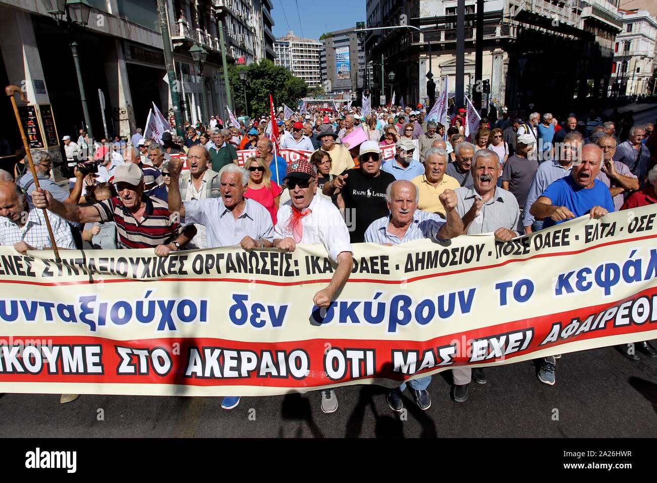 Athens, Greece. 1st Oct, 2019. Pensioners protest in the center of Athens. Pensioners demand increases in pensions from the new government. (Credit Image: © Aristidis VafeiadakisZUMA Wire) Credit: ZUMA Press, Inc./Alamy Live News Stock Photo