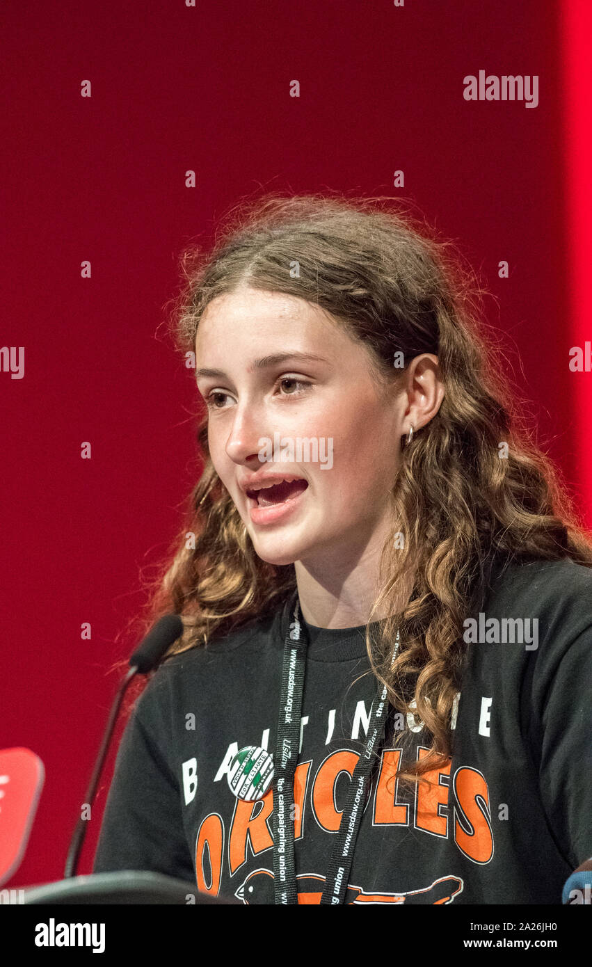 Uma Krieger, a Youth Strike Action representative speaking at the Labour Party Annual 2019 Conference, Brighton, UK Stock Photo