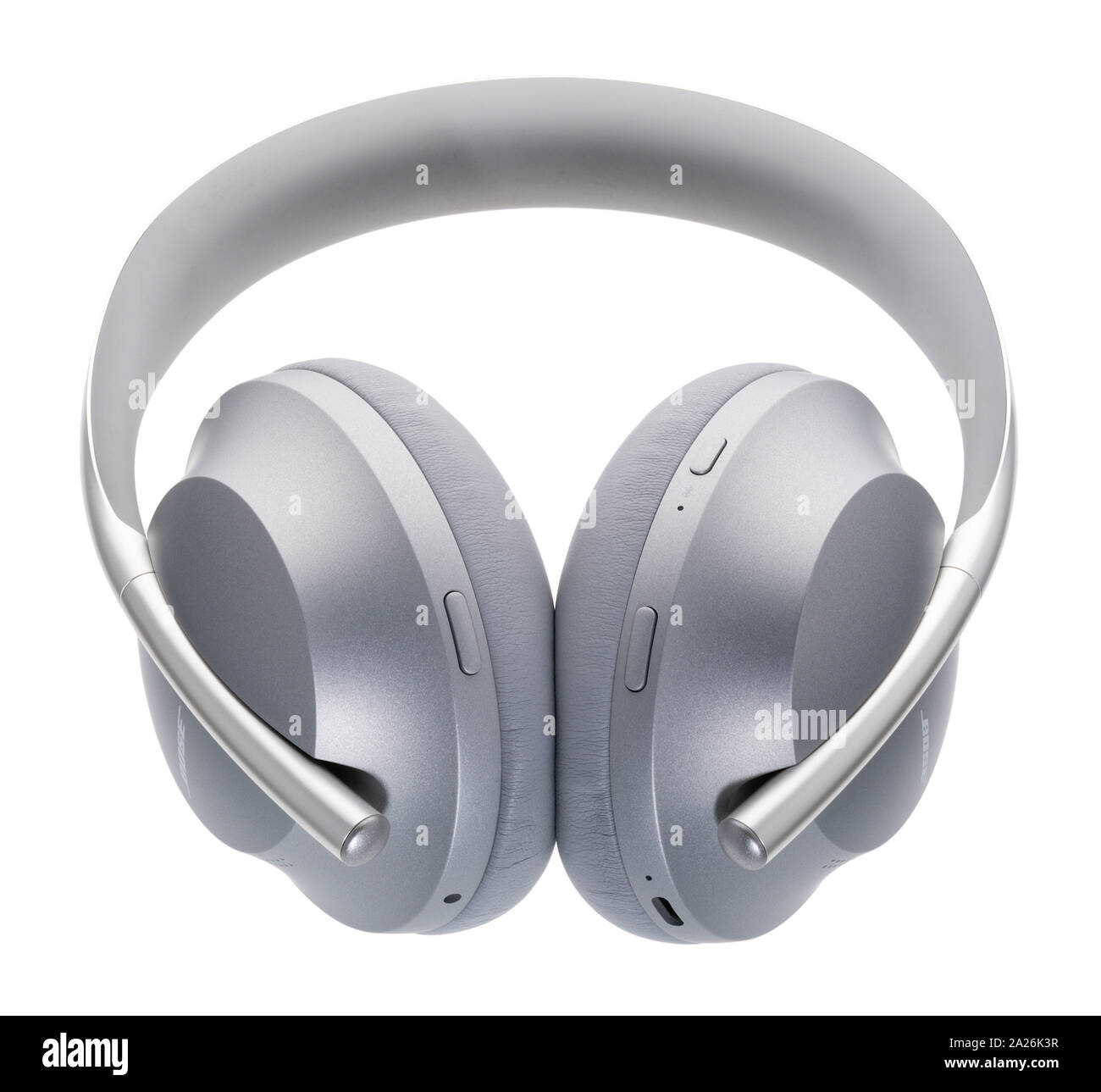 Bose noise cancelling headphones. Matt silver wireless headphones. Stock Photo