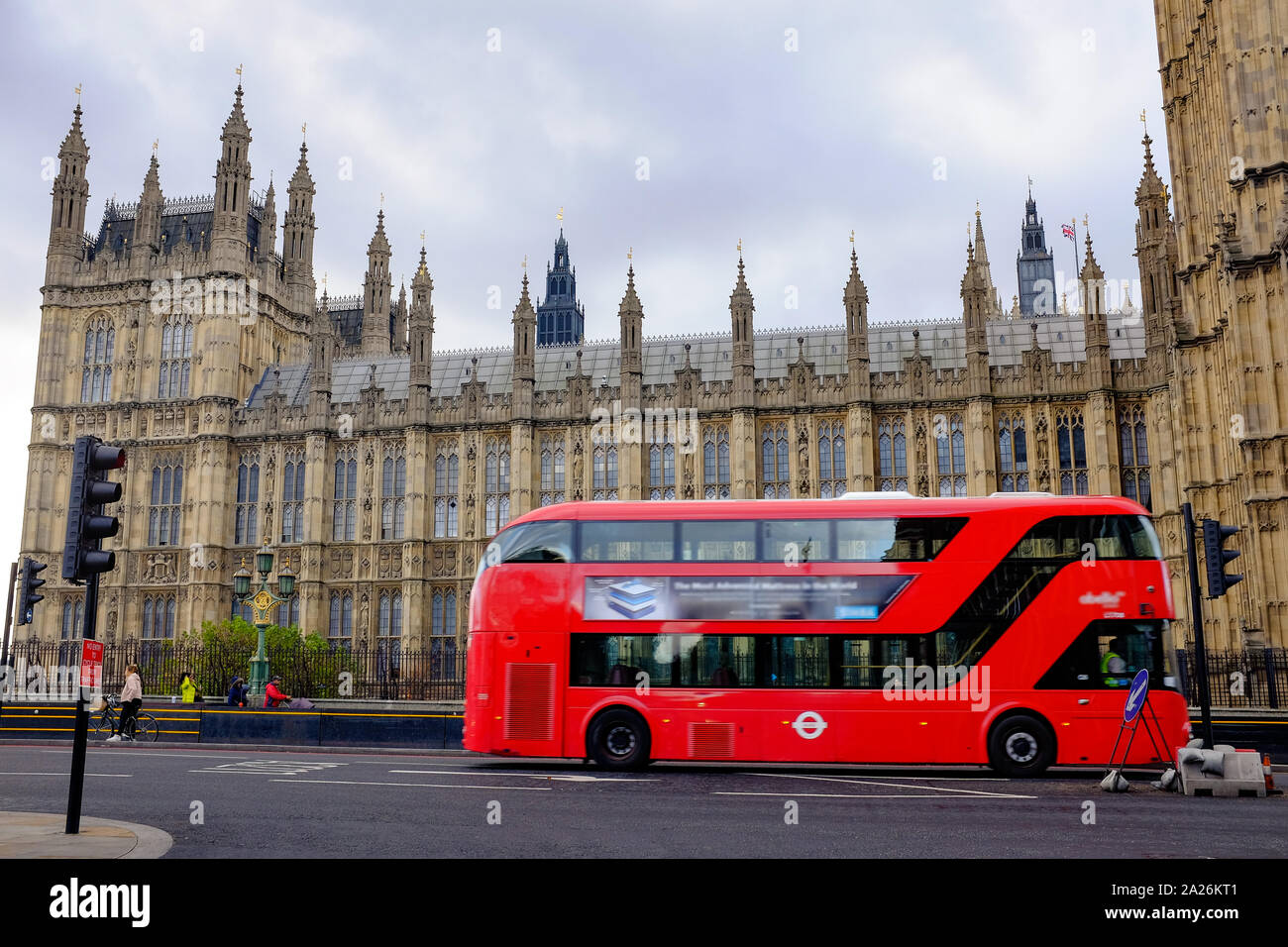 London famous red bus transport over westminster big ben palace, england travel destination Stock Photo