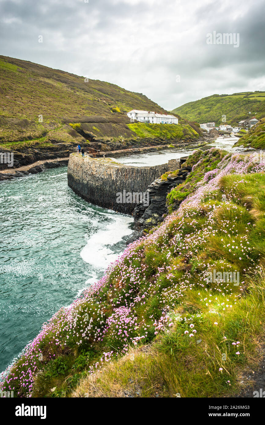 Boscastle Harbour entrance with protective sea walls, North Cornwall, England, UK. Stock Photo