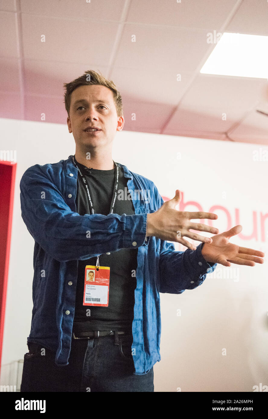 Owen Jones, columnist for The Guardian and author being interviewed at the Labour Party Annual Conference, Brighton, UK Stock Photo