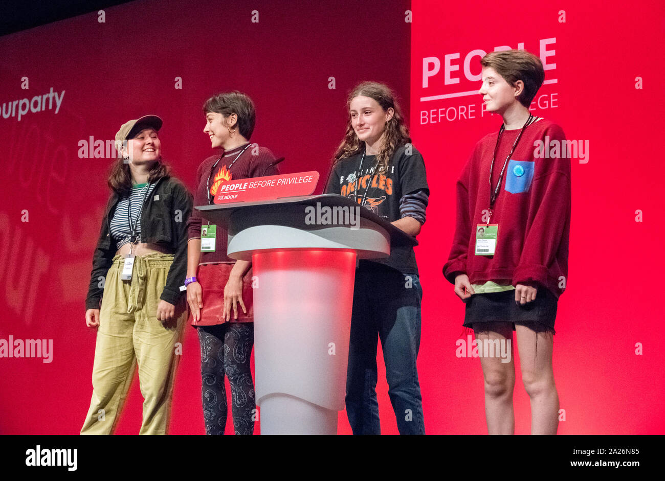 Uma Krieger, a Youth Strike Action representative speaking at the Labour Party Annual 2019 Conference, Brighton, UK Stock Photo