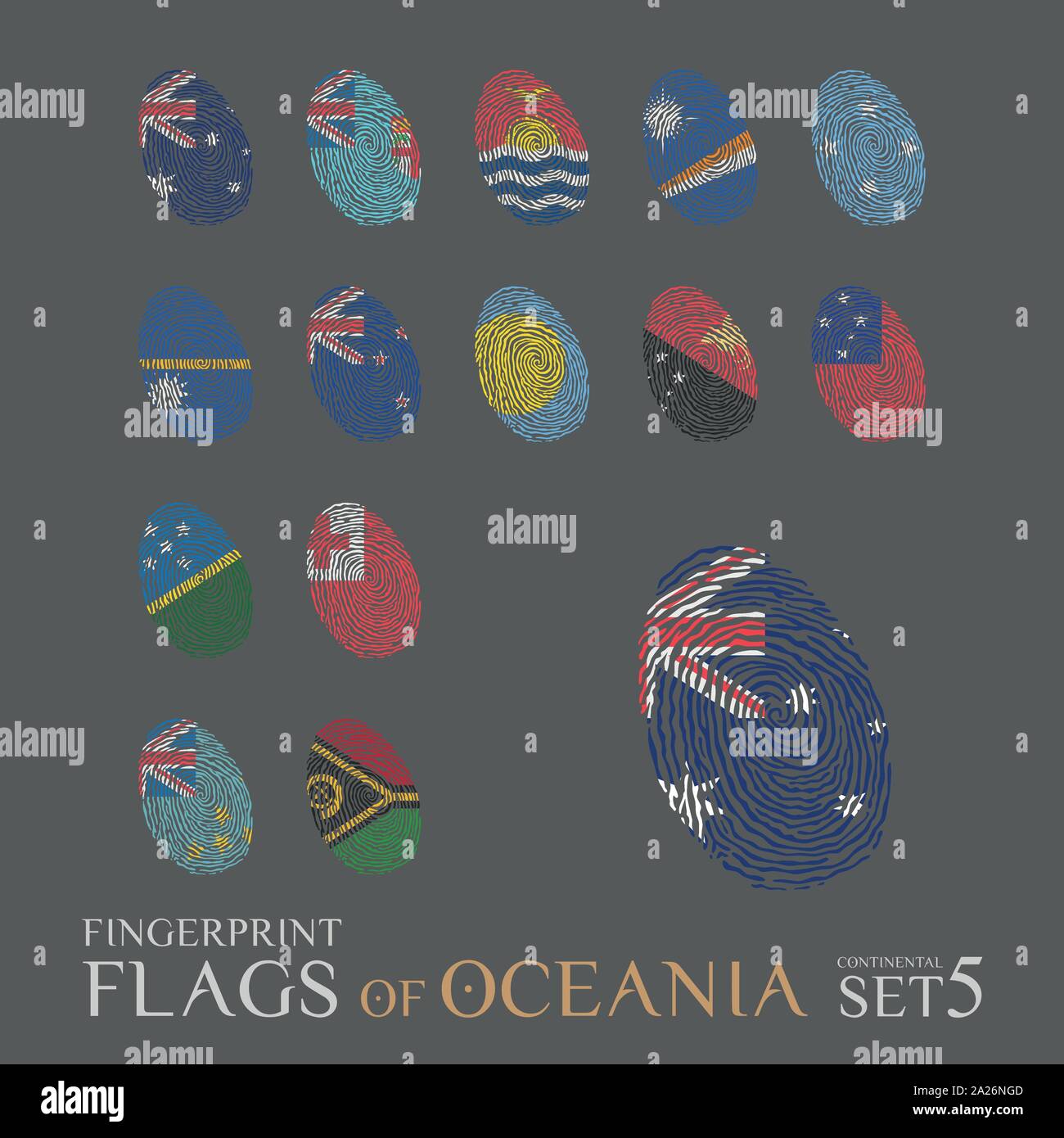 Set of 14 fingerprints colored with the national flags of the countries of Oceania. Icon set Vector Illustration. Stock Vector