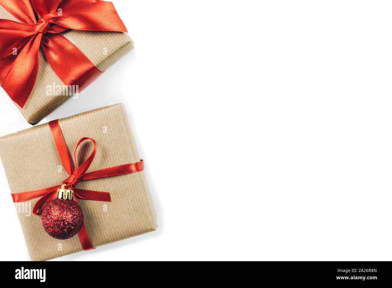 Festive gift boxes with red ribbon bow isolated on white background ...