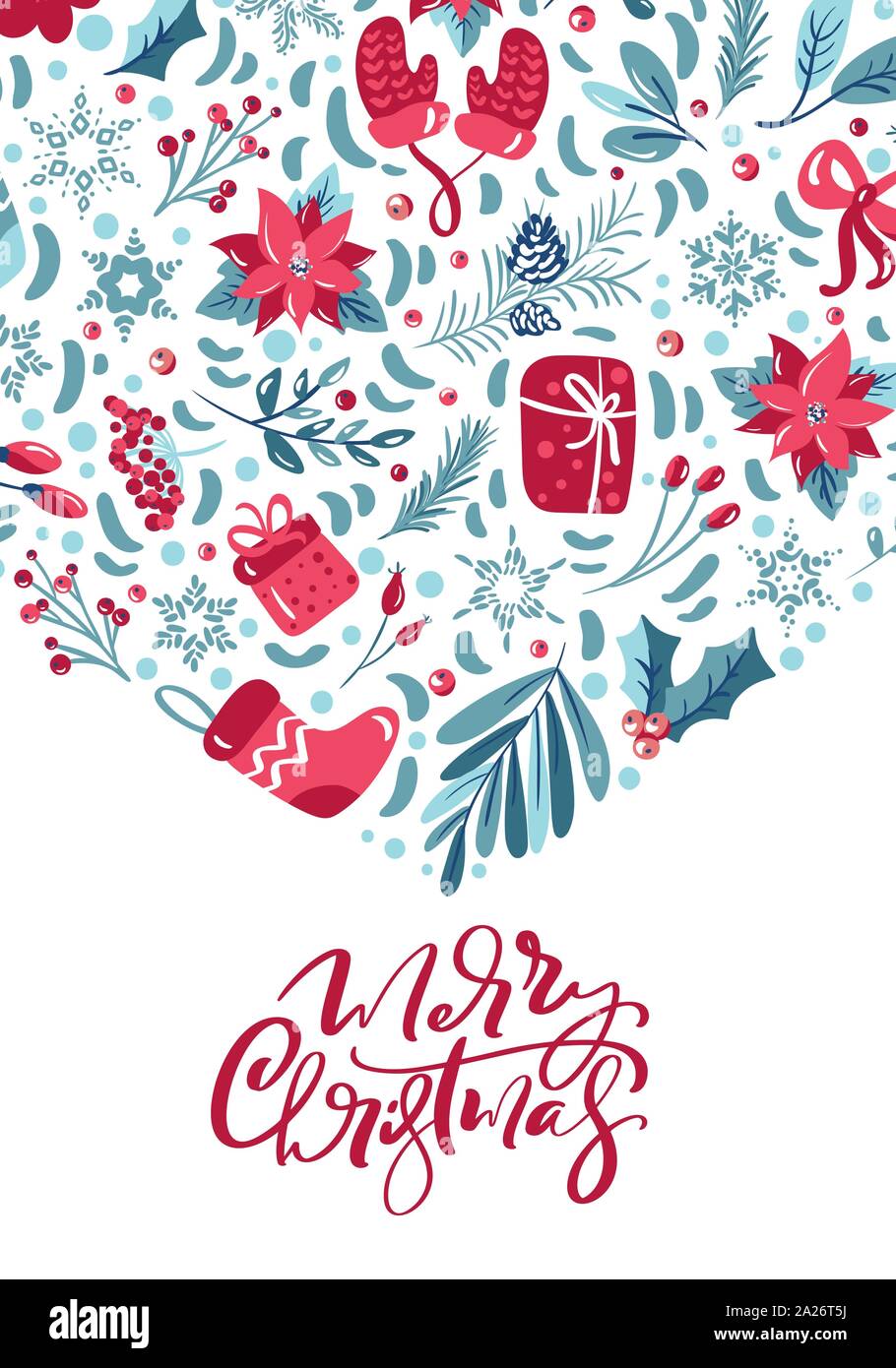 Merry Christmas calligraphic lettering hand written text. Greeting card design with floral xmas elements. Modern winter season postcard, brochure Stock Vector