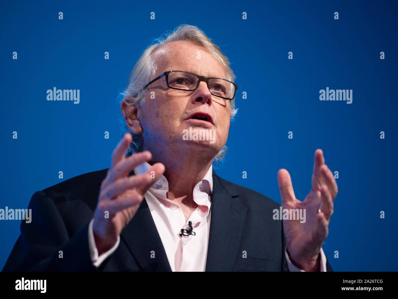 Manchester, UK. 1st Oct, 2019. Lord Michael Dobbs, creator of House of Cards, speaks at day three of the Conservative Party Conference in Manchester. Credit: Russell Hart/Alamy Live News Stock Photo