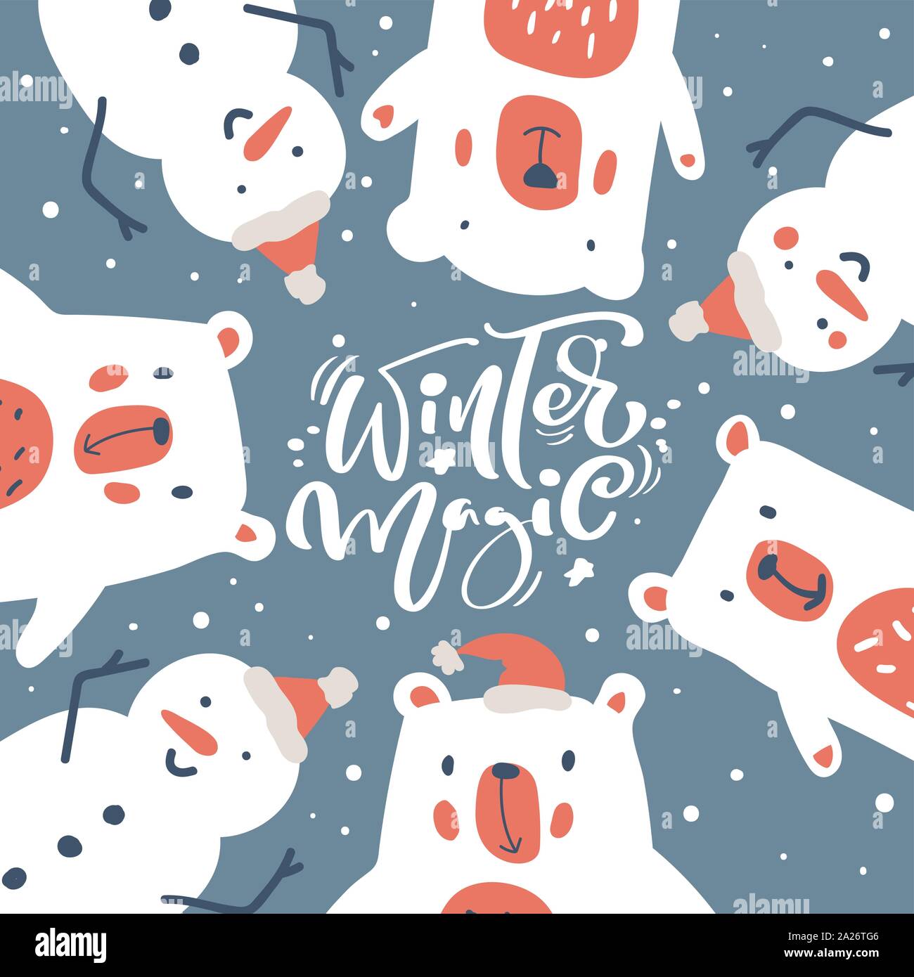 Christmas greeting card design with snowman and polar bear. Winter Magic calligraphic lettering hand written text. Modern winter season postcard Stock Vector
