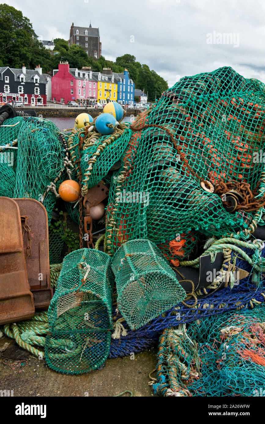 Fishing nets on quayside in Tobermory Harbour. Isle of Mull, Scotland Stock Photo