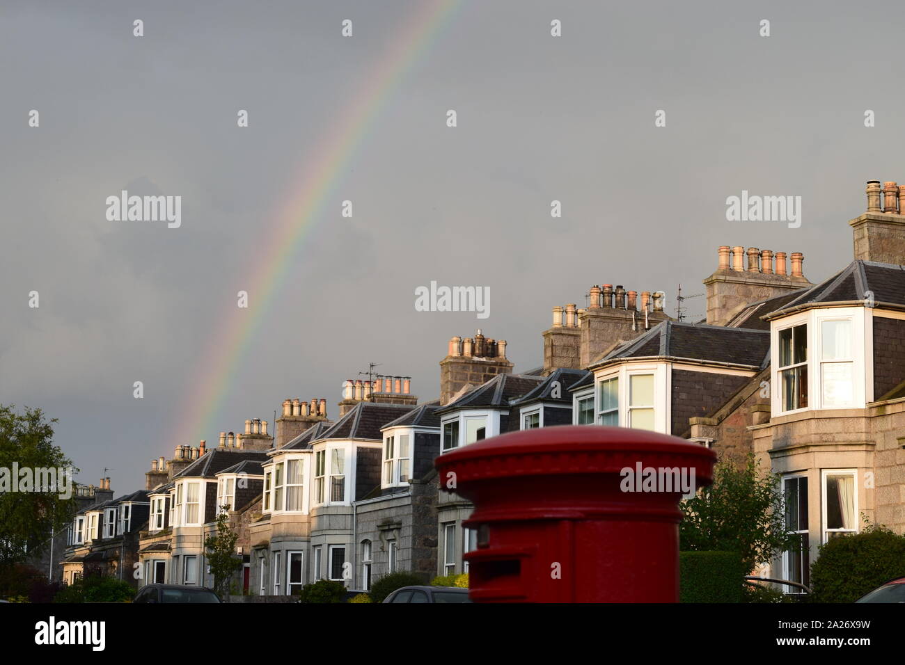 Rainbow over houses on Beechgrove Terrace, Aberdeen Stock Photo