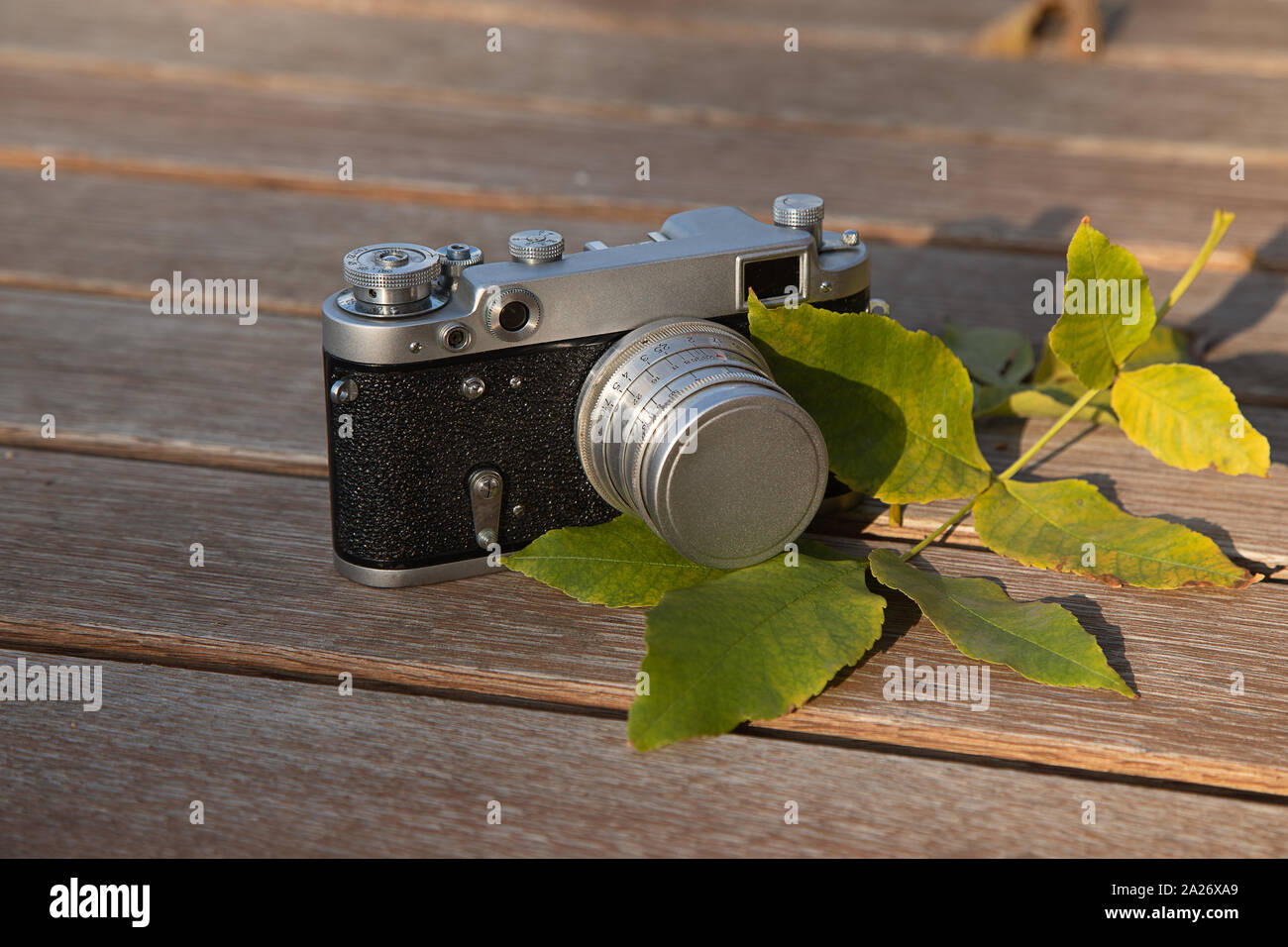 Still life autumn mood picture with vintage rangefinder camera and leaves on wooden background Stock Photo