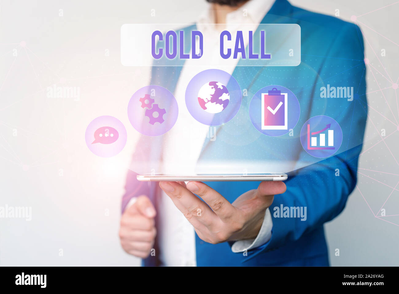 Text sign showing Cold Call. Business photo text Unsolicited call made by someone trying to sell goods or services Male human wear formal work suit pr Stock Photo