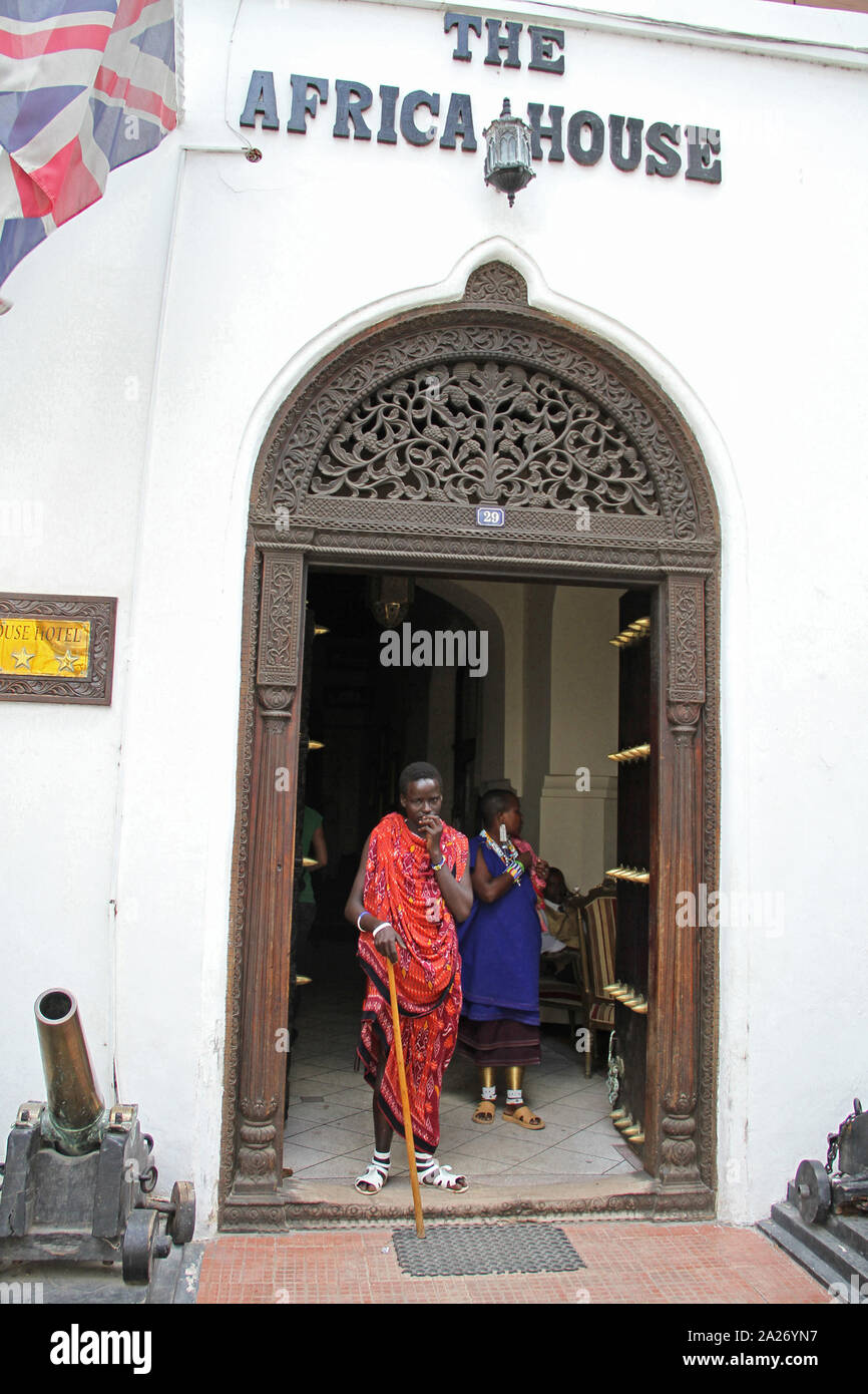 Entrance of the four-star Africa House Hotel, Stone Town, Zanzibar, Unguja Island, Tanzania. Stock Photo