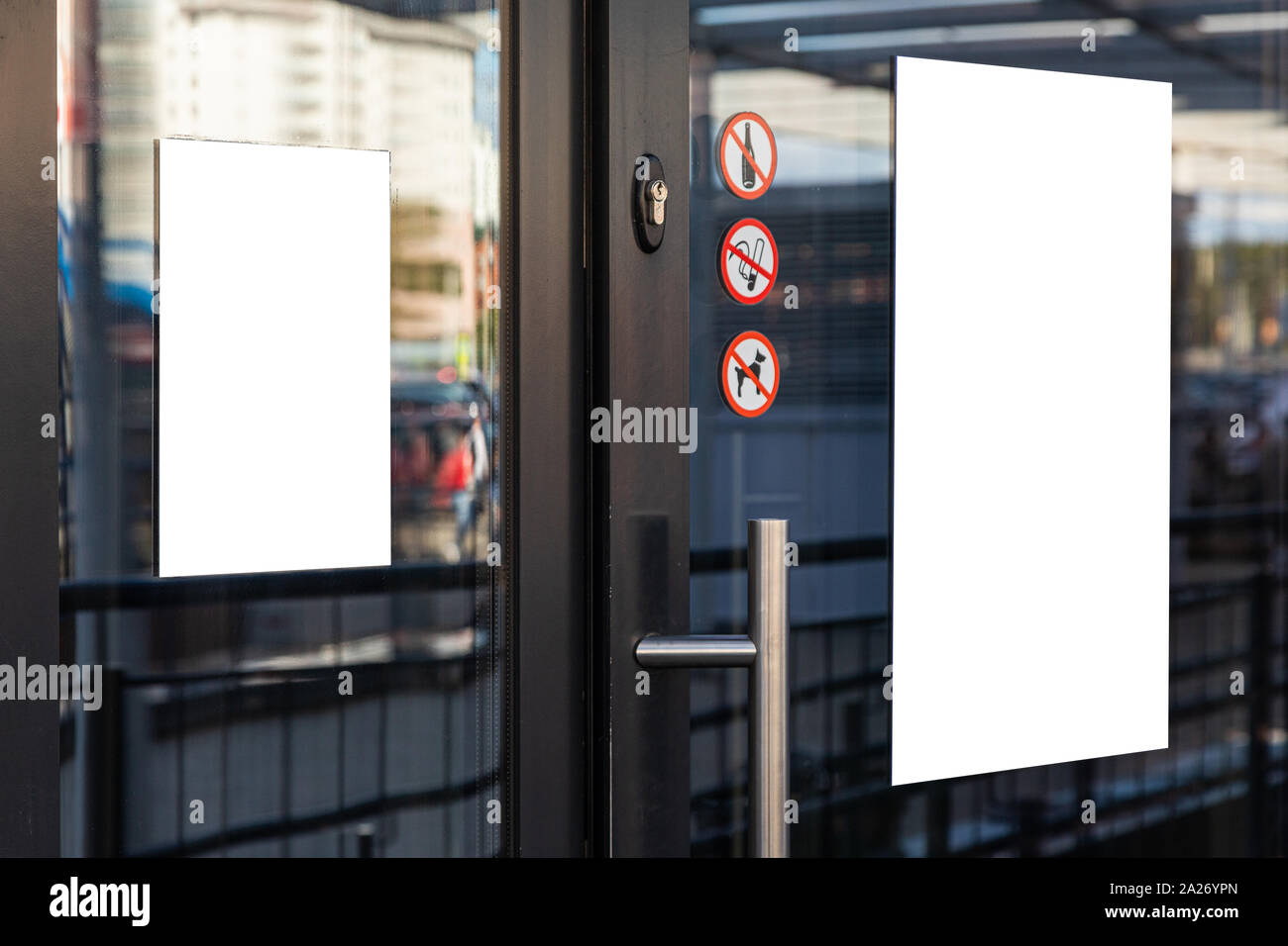 Download Glass Door With White Empty Panel And Prohibitions Stickers Stock Photo Alamy