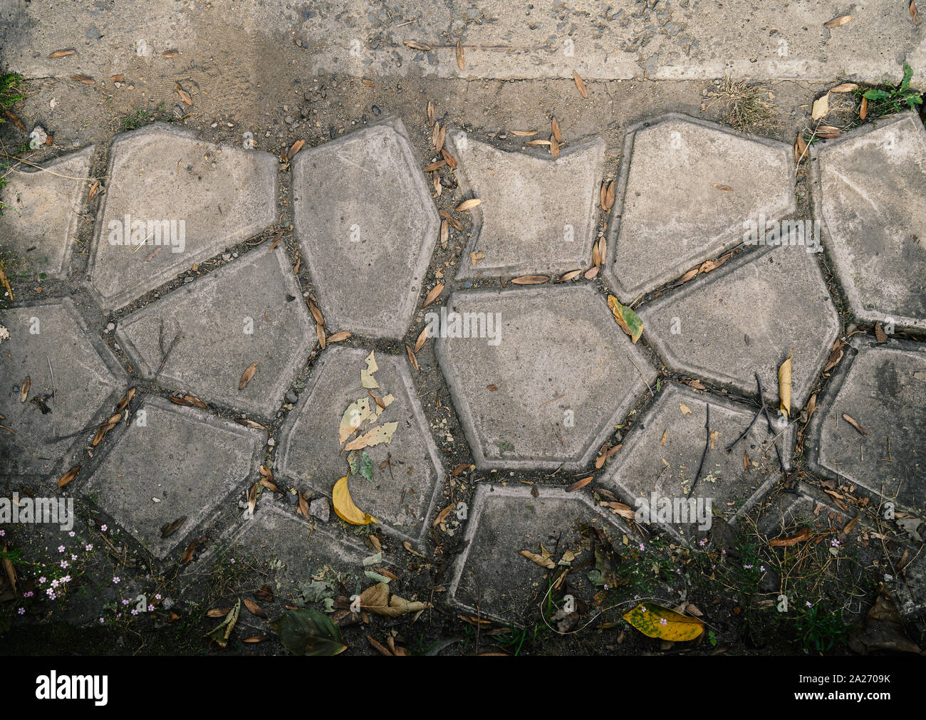 Old and cracked tile road. Selective focus. Stock Photo