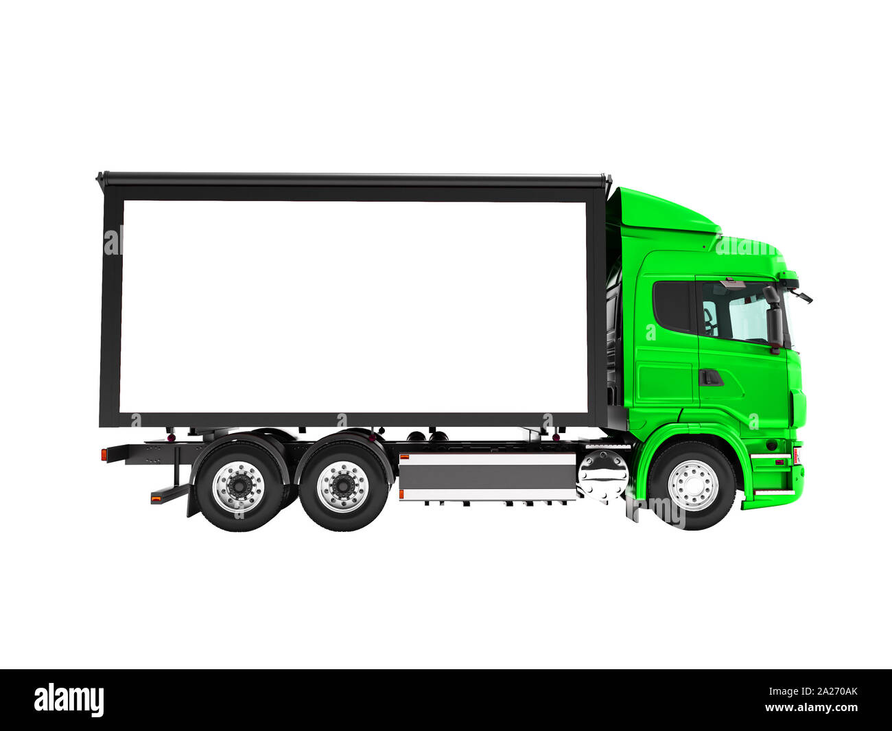 Modern green truck with white trailer for transporting goods from the