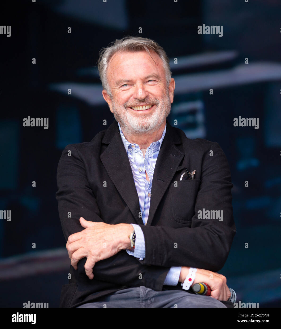 Actor Sam Neill on stage in Birmingham, UK, for a question and answer session at the Peaky Blinders Festival. Stock Photo