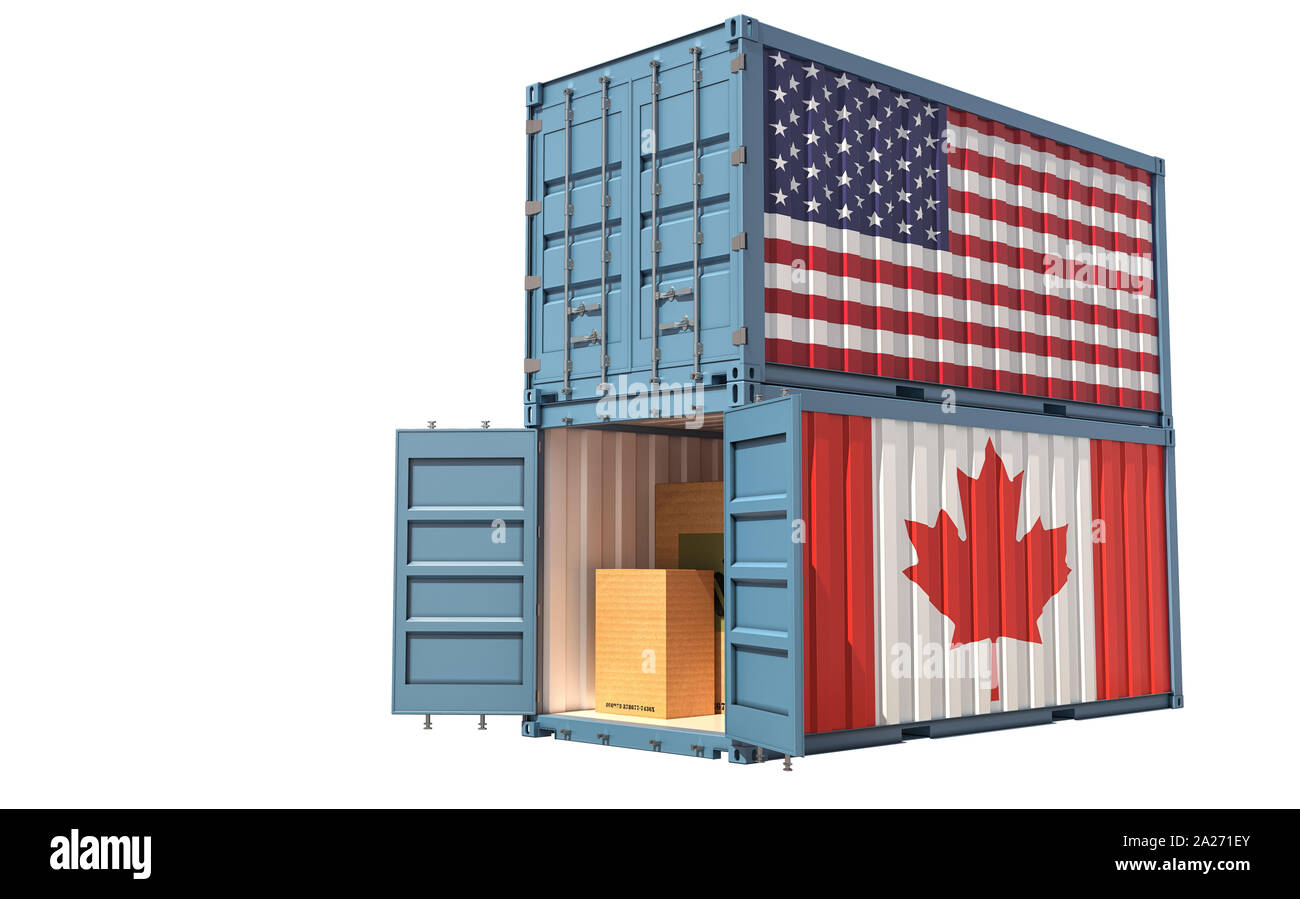 Two freight container with Canada and USA flag. Isolated on white - 3D Rendering Stock Photo