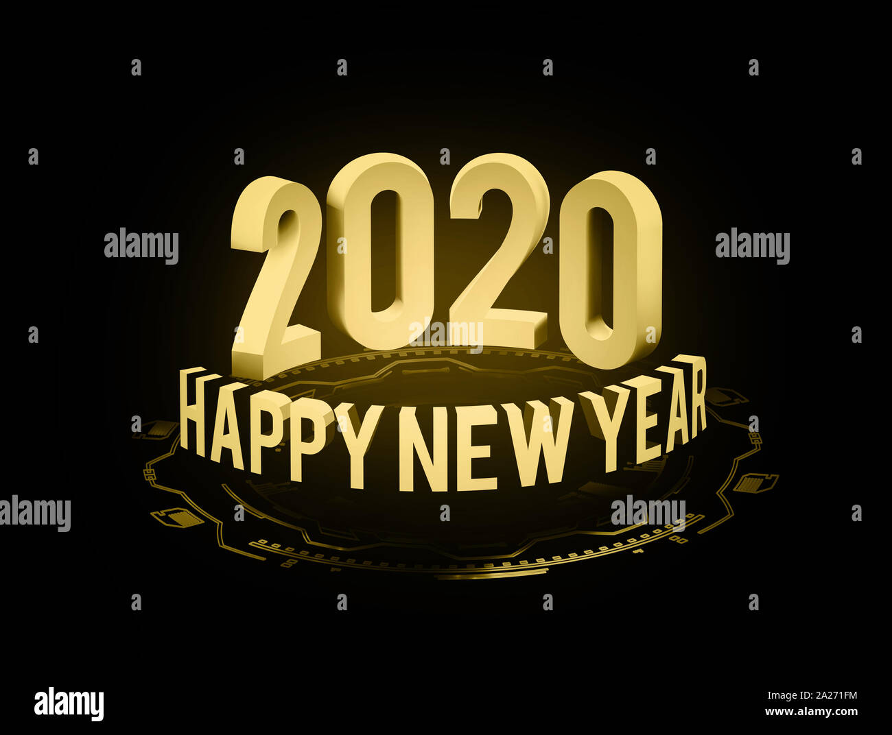 Congratulations on the New Year 2020 in technostyle. Rounded 3D text with HUD elements. Big data. 3d illustration Stock Photo