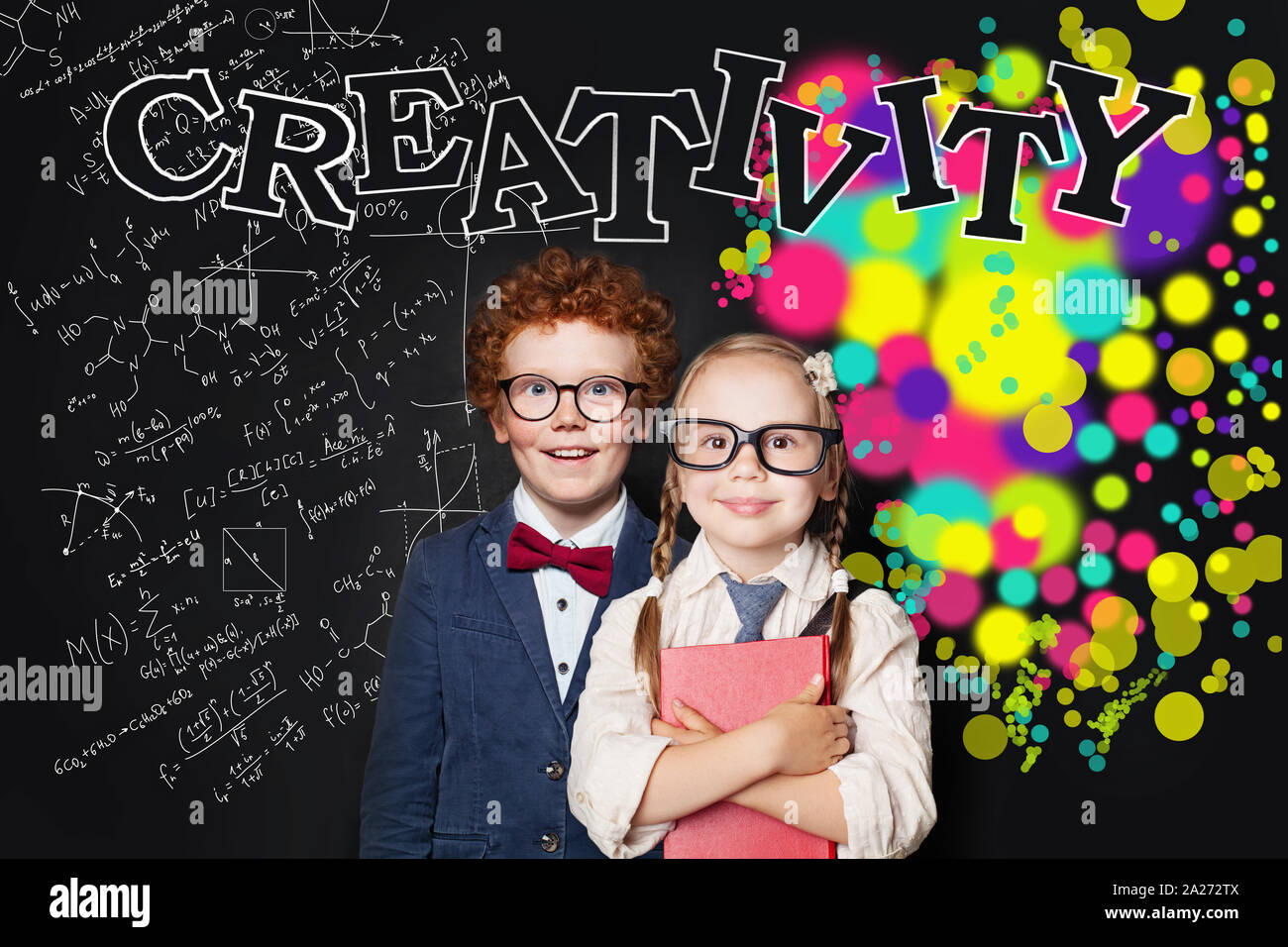 Creativity education and left hemispheres of the brain concept. Cute smart girl and boy in glasses portrait Stock Photo